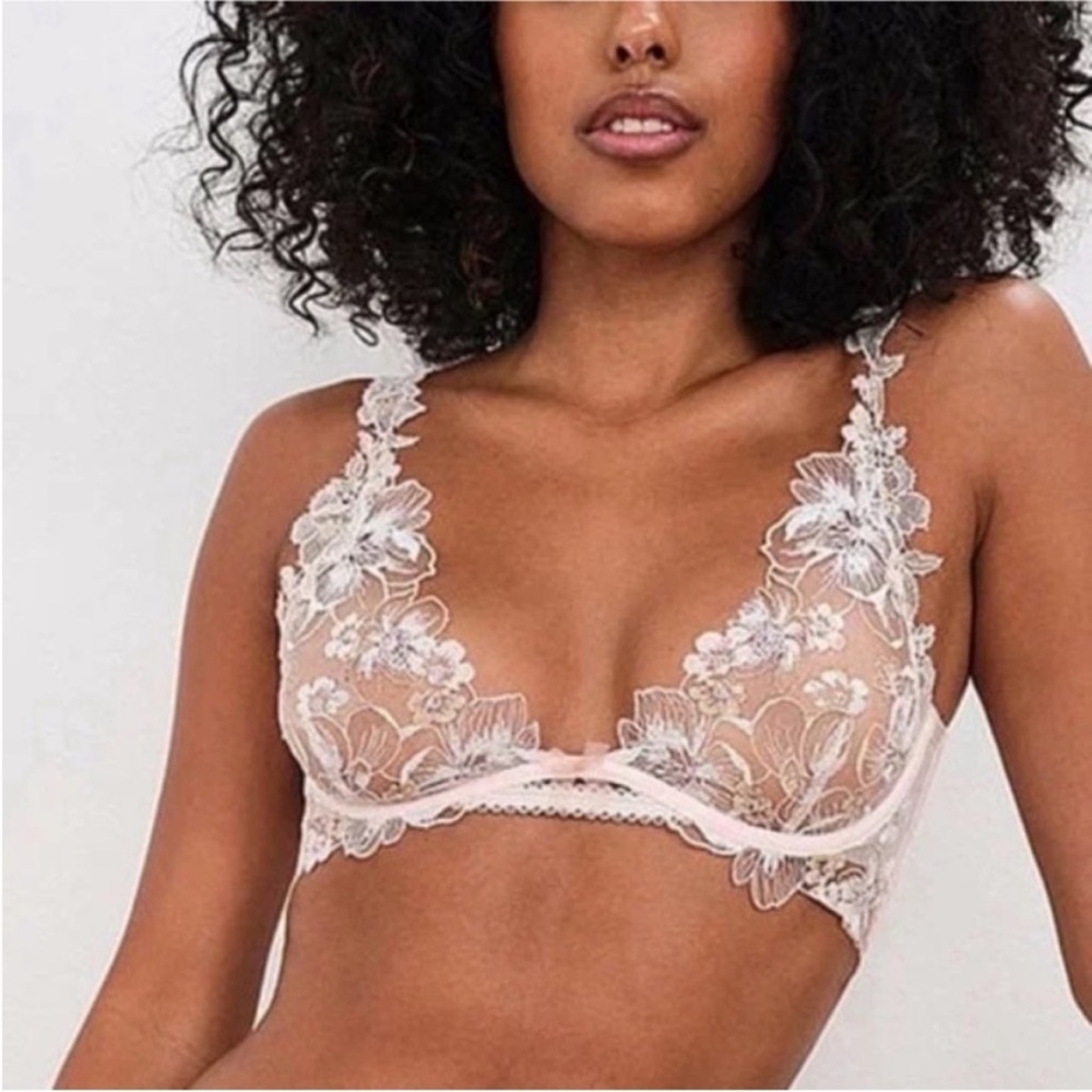 New! For love and lemons Mae lace bra sheer pink cream 51618